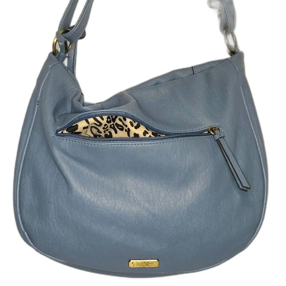 Jessica Simpson Skylar Hobo Bag Dusty Blue Studded JS Charm Vegan Leather